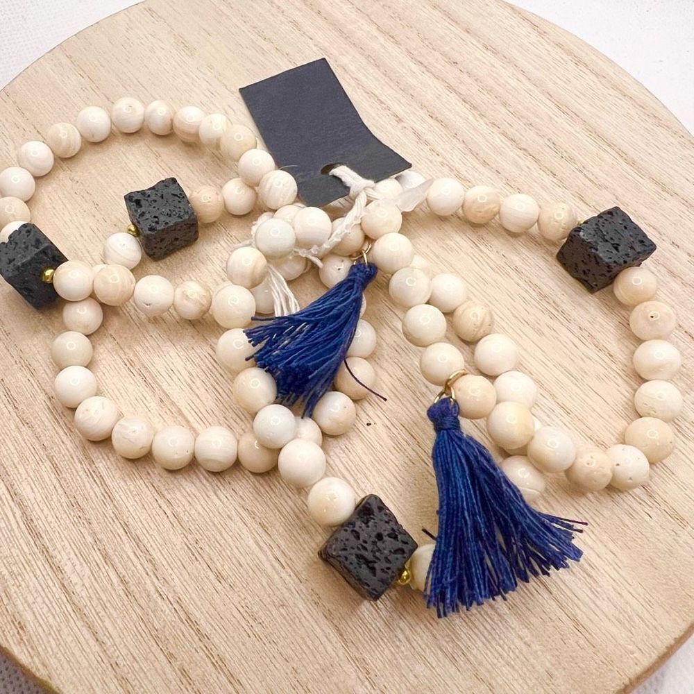 New set of four cream banded agate stone lava rock navy fringe stretch bracelets